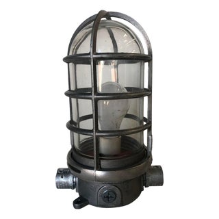 1970s Industrial Iron Caged Marine Vapor Glass Light Fixture For Sale