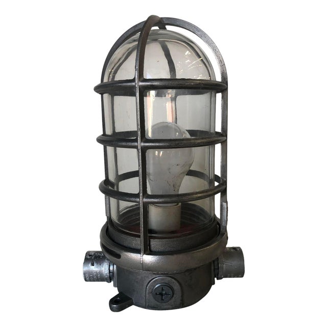 1970s Industrial Iron Caged Marine Vapor Glass Light Fixture For Sale