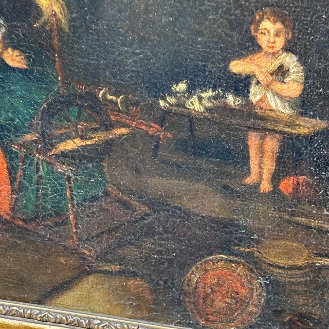 Early 18th Century Flemish Artist, Interior Scene of Woman with Spinning Wheel, 1700, Oil on Canvas, Framed For Sale - Image 5 of 12
