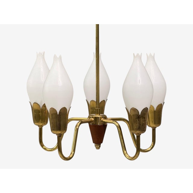 1960s Fog & Mørup, Tulip Chandelier, Opal Glass, Brass, Teak, Denmark, 1960s For Sale - Image 5 of 10