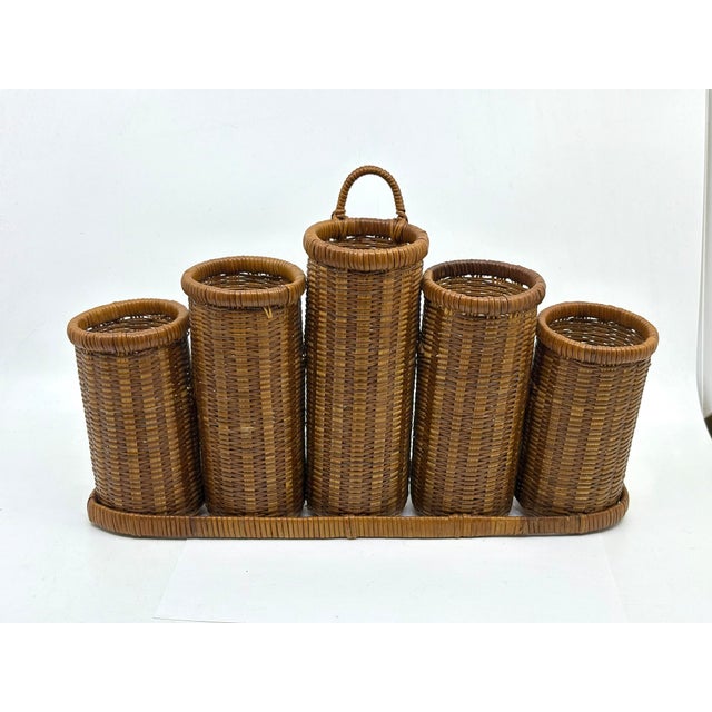 Vintage utensil holder serving caddy Great for entertainment! All one piece. 1970s era made of rattan.