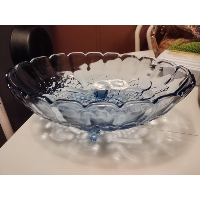 Beautiful blue Indiana Glass Co. large footed oval Harvest fruit bowl. No chips or cracks, in beautiful condition.