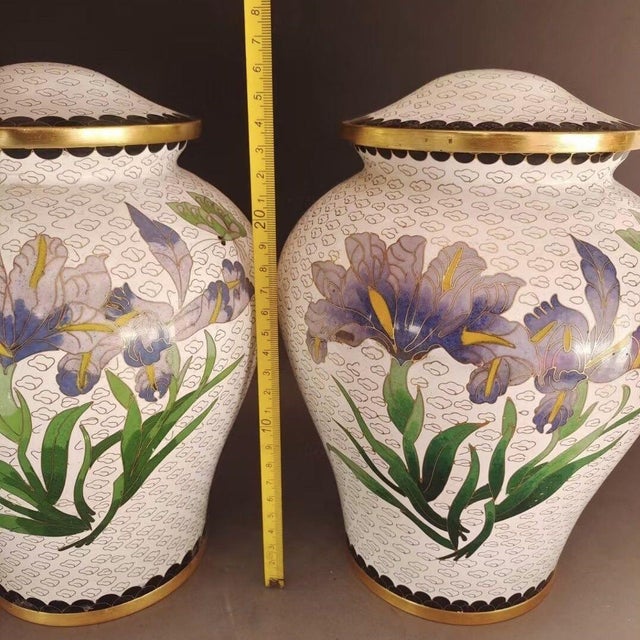 Metal Pair of Vintage Cloisonné Enamel Iris Floral Lidded Jars / Tea Caddies For Sale - Image 7 of 9
