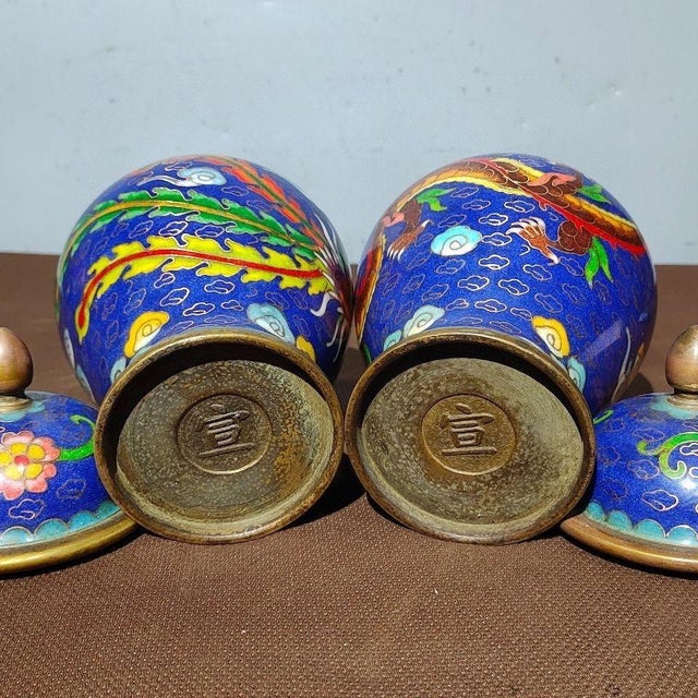 Vintage Pair of Chinese Blue Cloisonné Enamel "Dragon & Phoenix" Covered Jars With "Xuan" Mark For Sale - Image 4 of 9