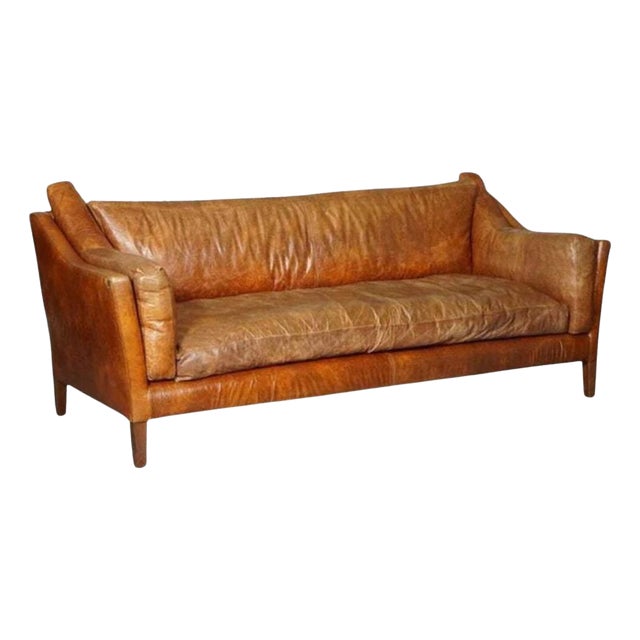 Large Vintage Tan Leather Sofa For Sale