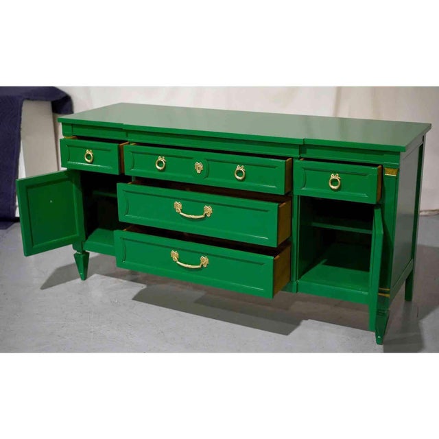 Wood Vintage Transitional Credenza Ribbon Hardware in Green by Thomasville - Newly Painted For Sale - Image 7 of 12