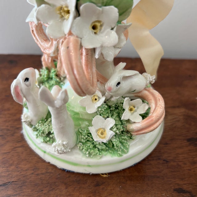 Ceramic Antique Charming Hand Crafted English Pottery Rabbit and Bird Candlestick Holders With Ribbon Detail - Set of 3 For Sale - Image 7 of 12