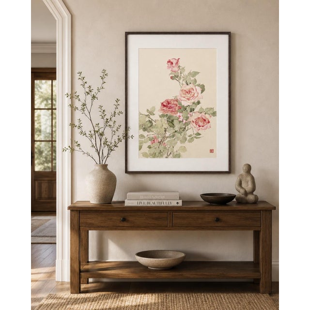 Kaixiguo Original Hand-Painted Floral Artwork – Framed Pink Roses Wall Art For Sale - Image 9 of 11