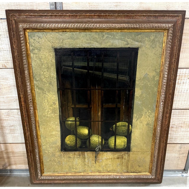 Chuck Wood Trompe l’Oeil Still Life of Striped Melons in Barn Window, c. 1970s A large and technically accomplished trompe...
