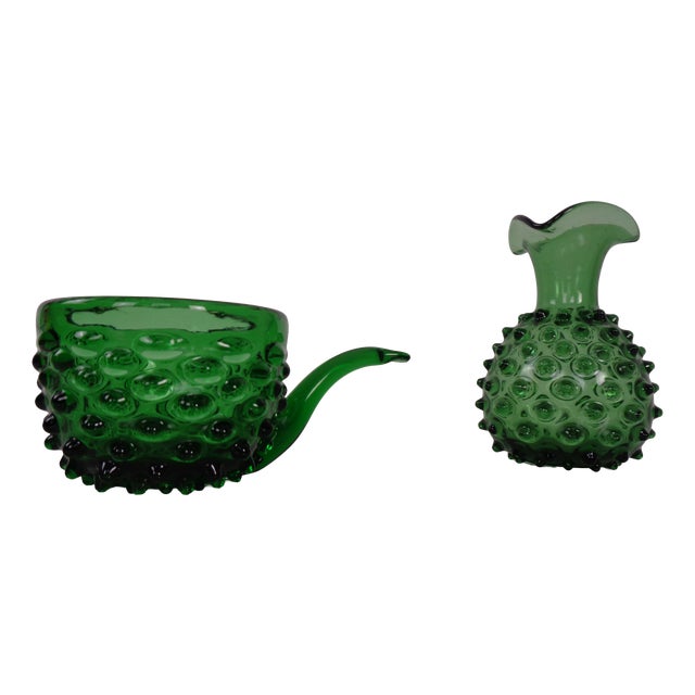 Italian Green Bubble Glass Vase & Bowl from Empoli, 1960s, Set of 2 For Sale