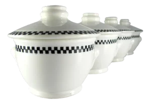 1937 American Diner Black Checks Checkers Checkered Restaurant Ware Covered Soup Bowls - Set of 4