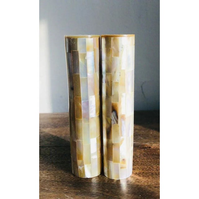 2000s Mother of Pearl Mosaic Shell Inlay Salt & Pepper Shakers- a Pair For Sale - Image 4 of 9