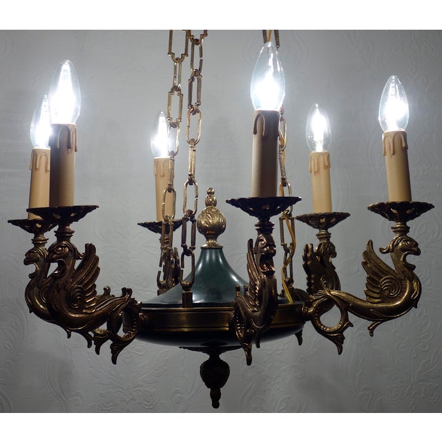French Empire Brass Swan Chandelier from Unbekannt, 1940s For Sale - Image 11 of 15