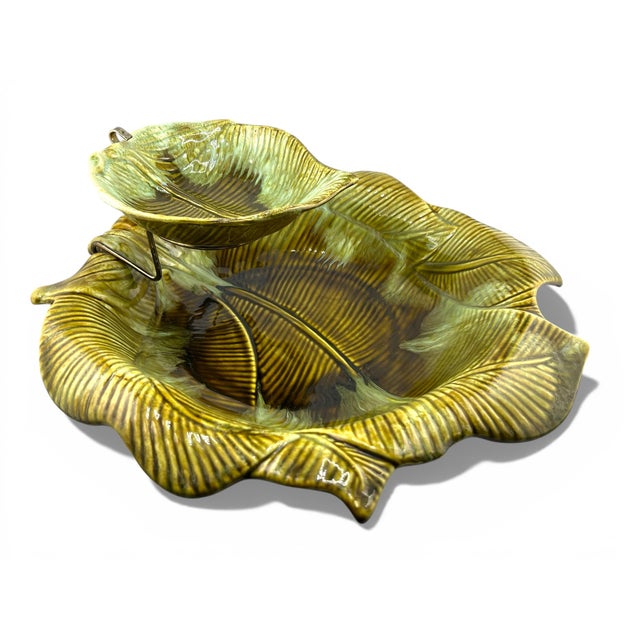 Add a touch of whimsy to your dining table! Stacking 3pc ceramic leaf motif chip and dip serving bowl set made by Maurice...