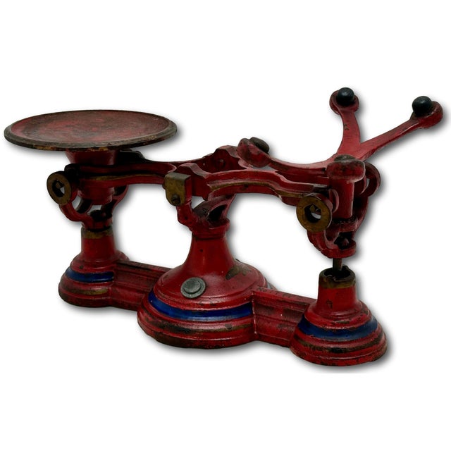 Nice Antique American Victorian Cast Iron & Brass Small Size Kitchen Scale With Excellent Original Red & Blue Paint For Sale - Image 10 of 18