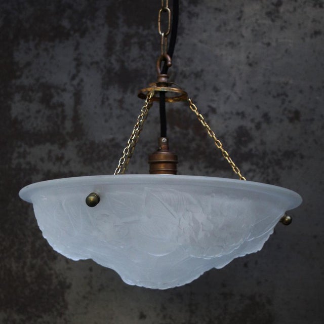 Art Nouveau French Brass and White Pressed Glass Pendant Light, 1920s For Sale - Image 4 of 8