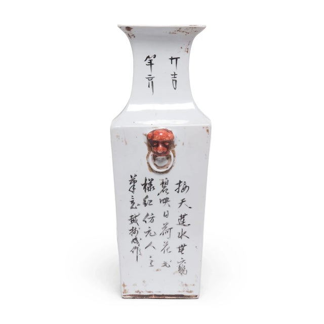 Mid 20th Century Mid 20th Century Chinese Pair of Squared Fantail Vases With Egrets Beneath Lotus For Sale - Image 5 of 11