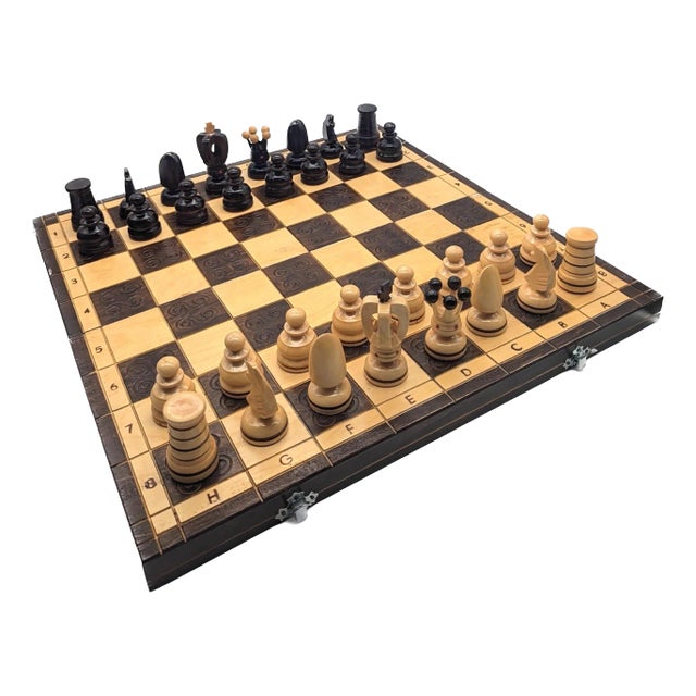 Vintage Polish Carved Wood Chess Set, 33-Piece Set For Sale