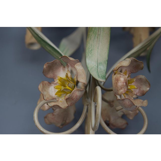 Hollywood Regency Style Floral Painted Metal Four-Light Chandelier, France For Sale - Image 16 of 18