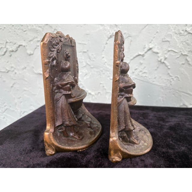Bronze Vintage Solid Bronze Art Nouveau “Girl at Fountain” Bookends – Pair For Sale - Image 8 of 11