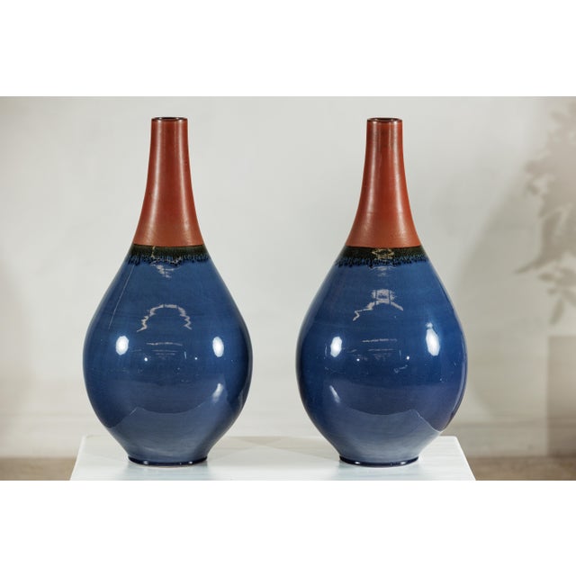Large Artisan Teardrop Ceramic Vases in Deep Blue and Terracotta Glaze - A Pair For Sale In New York - Image 6 of 18