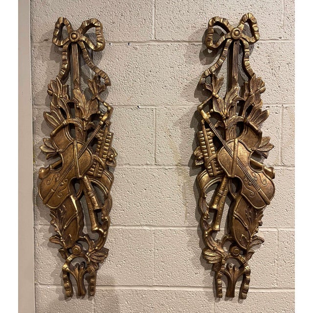 Mid 20th Century Pair of Mid-Century Italian Louis XVI Giltwood Musical Wall Trophies For Sale - Image 5 of 11