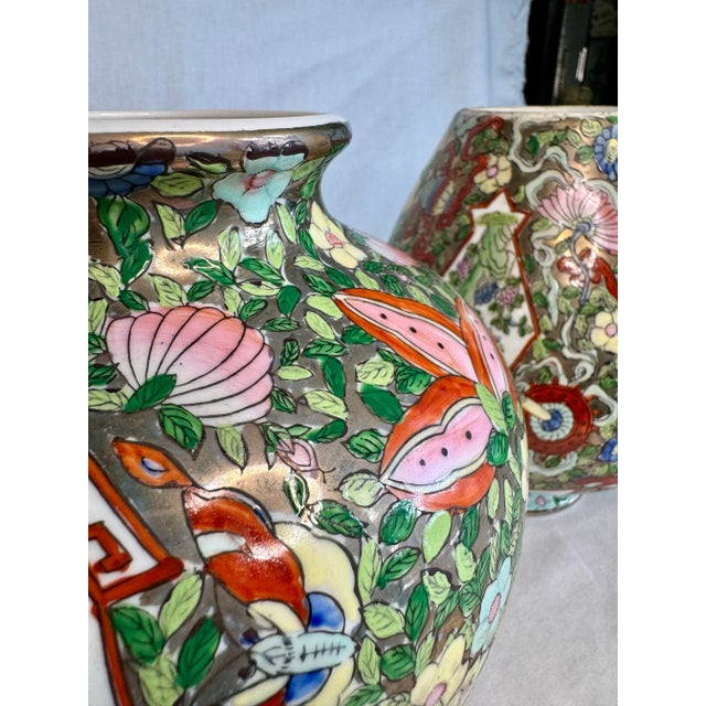 Metal Mid Century Floral Chinoiserie Glazed Ceramic Ginger Jars, a Pair For Sale - Image 7 of 12