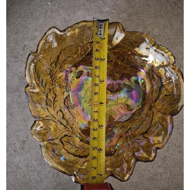 Victorian Vintage Iridescent Amber Carnival Glass Grape & Leaf Ruffled Bowl 7.75" Floral For Sale - Image 3 of 10