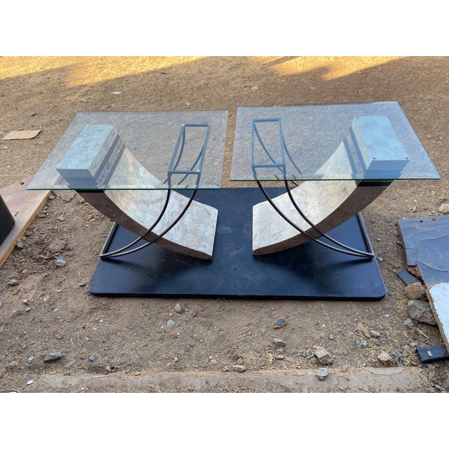 Vintage Postmodern Tessellated Stone & Glass Sculptural End Side Tables À Pair For Sale - Image 11 of 18