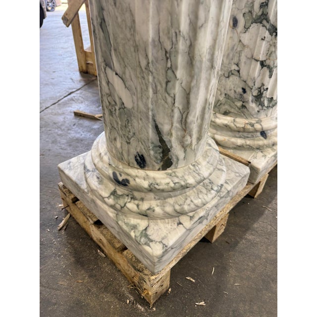 Grand Fluted Verde Alpi Marble Columns on Stepped Bases, Set of 2 For Sale - Image 6 of 9