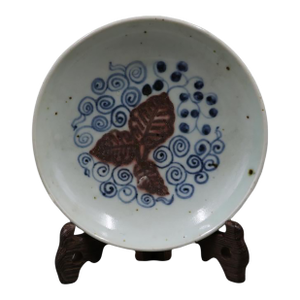 Chinese Vintage Ceramic Dish,Blue and White Underglaze Red Porcelain Dish Hand Painted Leaves Pattern