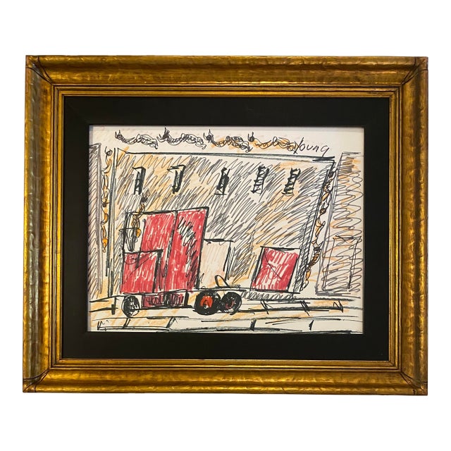 Original Purvis Young Miami Urban Expressionist Mixed Media Drawing Framed For Sale