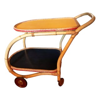 Mid-Century Rolling Rattan Bamboo Coffee Table, 1950s For Sale