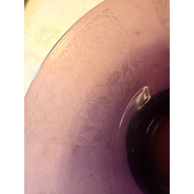 Art Deco 1930s Amethyst Glass Centerpiece Bowl, Large 14.5" Vintage Purple Console Bowl, Acid Etched Floral Art Deco Lattice For Sale - Image 3 of 14