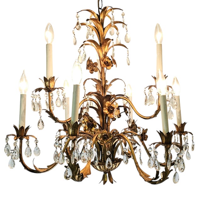 Hollywood Regency Italian Hollywood Regency Gilt Tole 9-Arm Chandelier With Crystal Drops, 1950s For Sale - Image 3 of 10