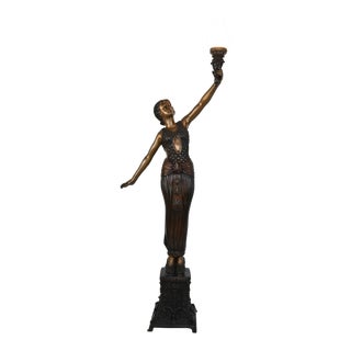 Art Deco Life-Size Bronze Lamp Statue With Torchiere For Sale