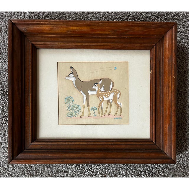 Mid century original gouache painting of a deer and fawn. Signed to the lower right. Behind glass and in vintage wood...