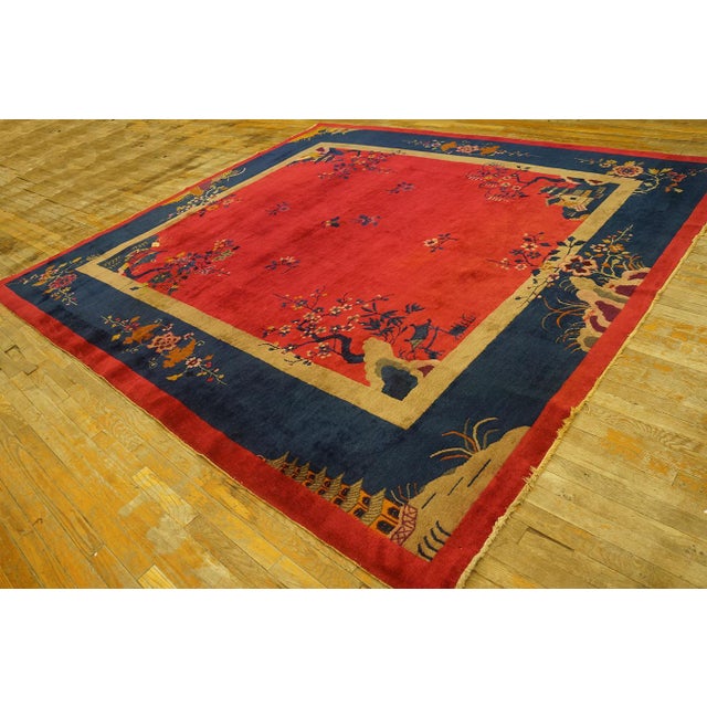 1920s Chinese Art Deco Carpet with Claret Background Color ( 9' x 9' 9'' - 275 x 297 cm ) Antique Wool Blue Red / Rust...