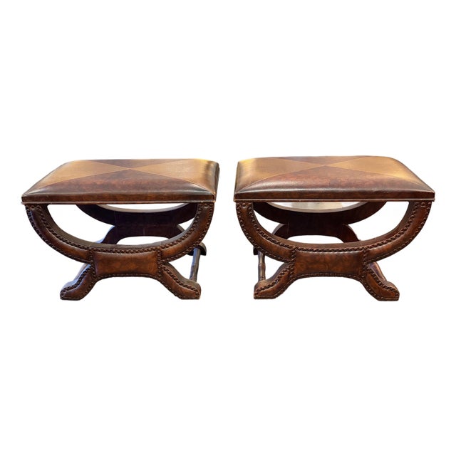 Pair Tuscan Leather Foot Stools For Sale