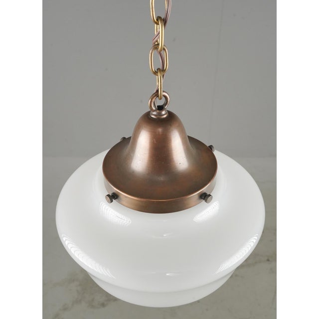 Mid 20th Century Antique Schoolhouse White Milk Glass Brass Chain Pendant Light For Sale - Image 5 of 7