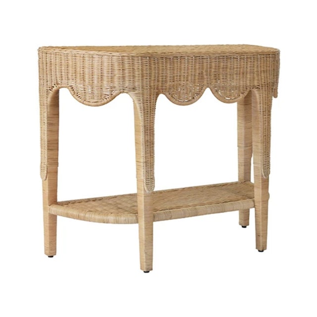 Rustic Matthew Izzo Home Paloma Demi Lune Rattan Console Table With Scalloped Top and Lower Open Shelf For Sale - Image 3 of 8