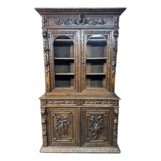 French Carved Oak Hunting Cabinet, 1860 For Sale