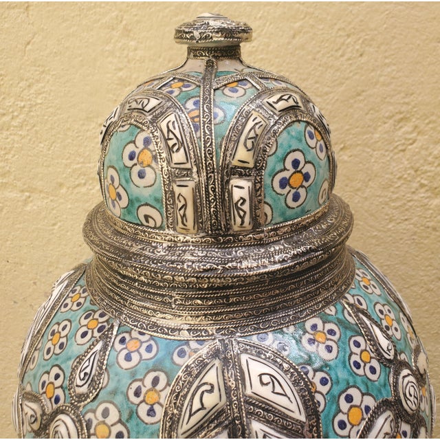 Tall Hand Painted Moroccan Resin and Metal Inlay Vase / Turquoise For Sale - Image 4 of 6