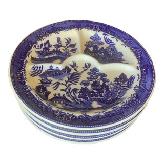 1970s Blue Willow 3 Curved Sectioned Plates Set of 4 For Sale
