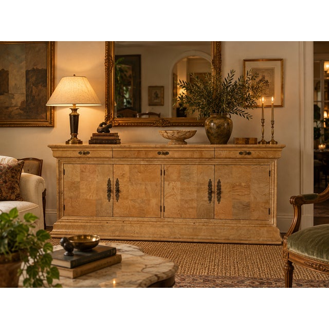 Beautiful vintage Henredon Charles X sideboard featuring a stunning natural burl wood veneer with distinctive grain...