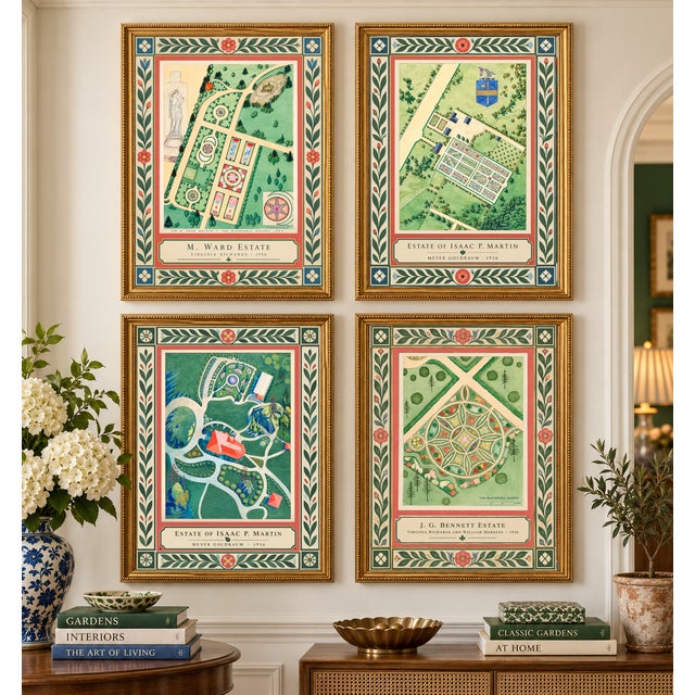 English Atelier Aria Lumae the Grand Estate Cartography Set of 4 Faux Antique Gold Frame Fine Art Hge Gallery Board Prints Wall Space 26 X 34 For Sale - Image 3 of 14