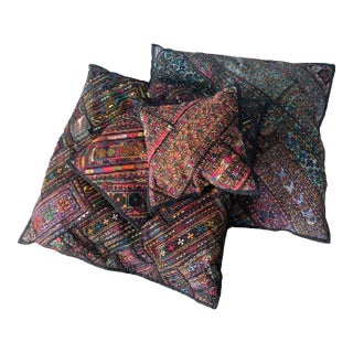 Vintage Pakistani Sindhi Patchwork Cushion Covers Set 4 Boho Tribal Embroidered For Sale