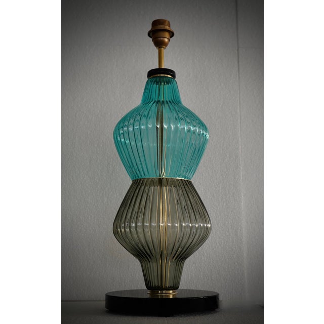 Mid-Century Round Aqua Blue and Smoky Murano Art Glass and Brass Table Lamp, 2000 For Sale - Image 6 of 10