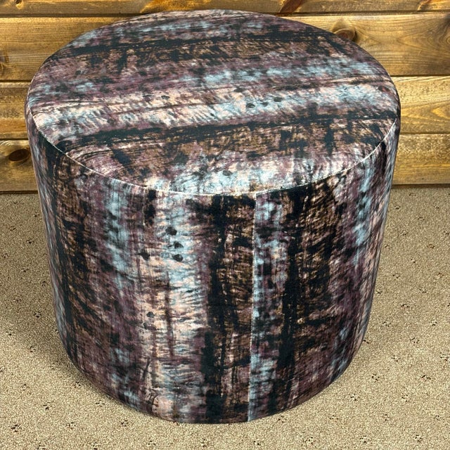 Round Ottoman Footstool Made in Usa Designer Abstract Fabric Accent Stool 21"x17 For Sale In Atlanta - Image 6 of 8