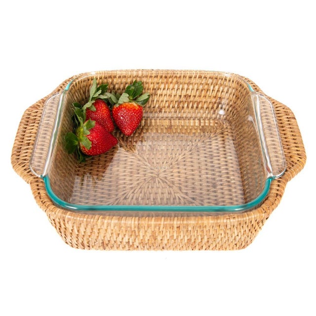 Artifacts Rattan Square Baker Basket with Pyrex in Honey Brown - 2 Pieces For Sale - Image 4 of 8